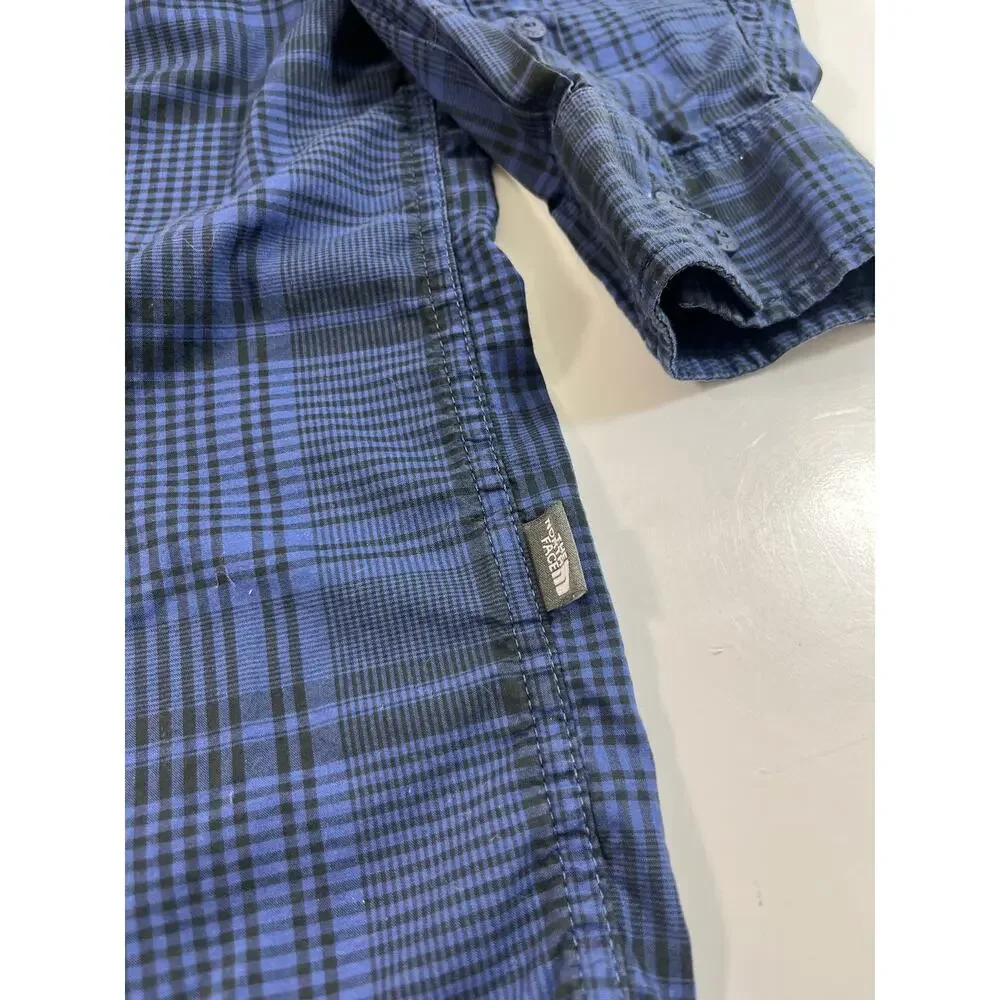 The North Face Mens Button Up Shirt L Long Sleeve Pocket Plaid Flannel Dark Blue